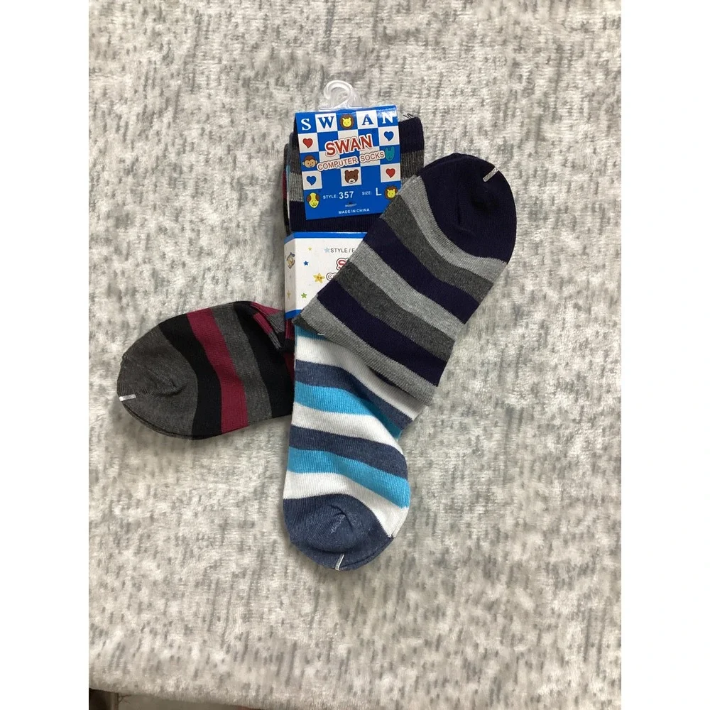 Swan Computer Socks Style 357 Striped Crew Socks Mens Size Large New 3 Pair Pack